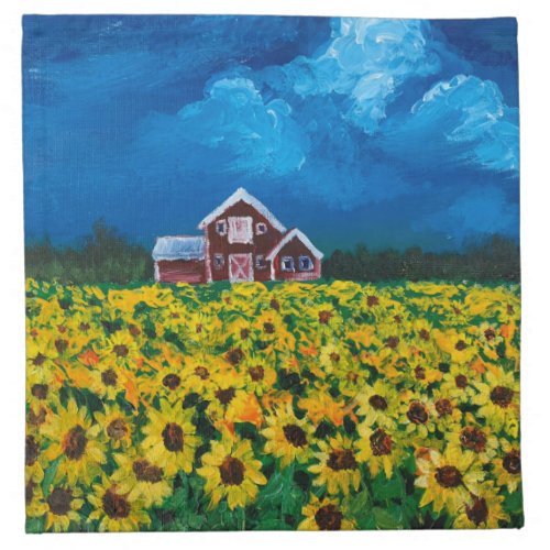 western country red barn summer sunflower field cloth napkin