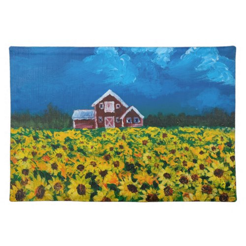 western country red barn summer sunflower field cloth placemat