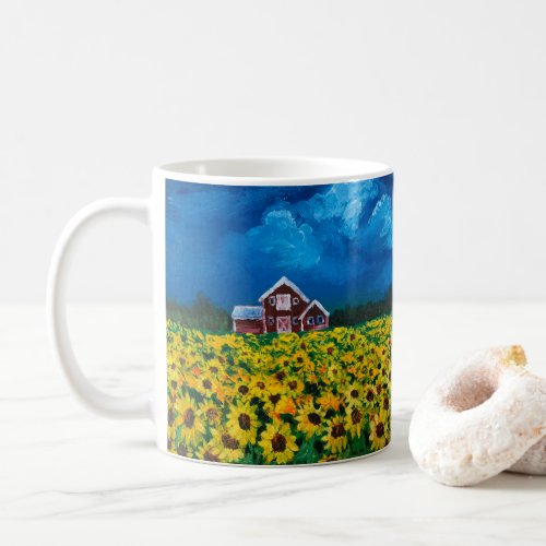 western country red barn summer sunflower field coffee mug