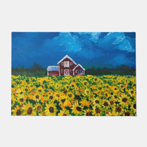 western country red barn summer sunflower field doormat