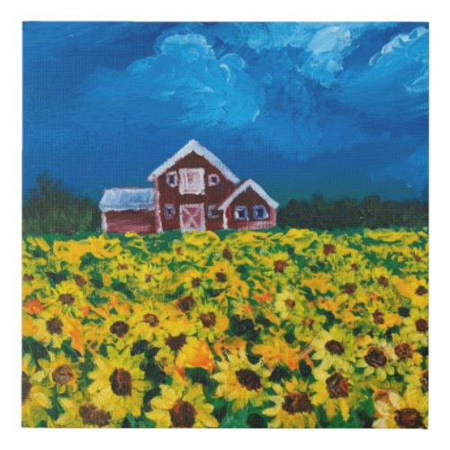 western country red barn summer sunflower field faux canvas print