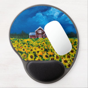 western country red barn summer sunflower field gel mouse pad