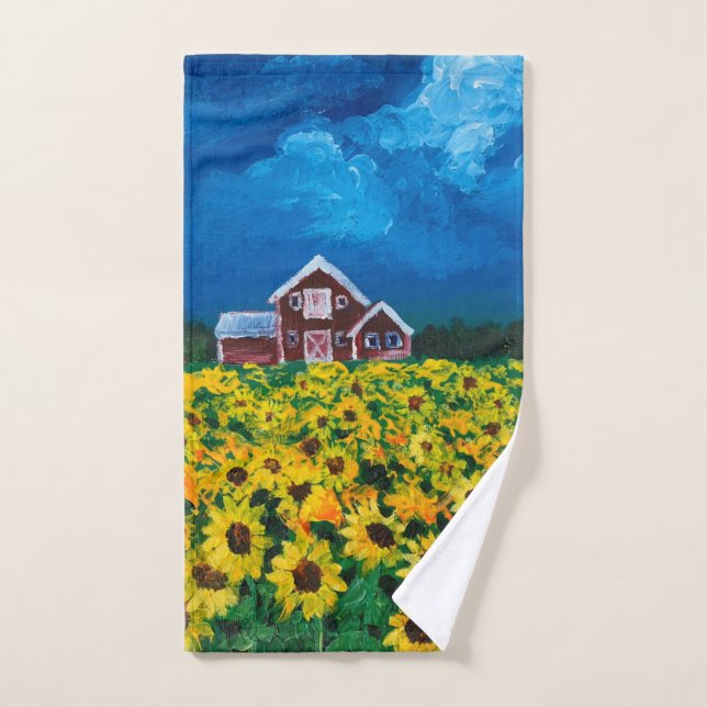 western country red barn summer sunflower field hand towel  (Hand Towel)