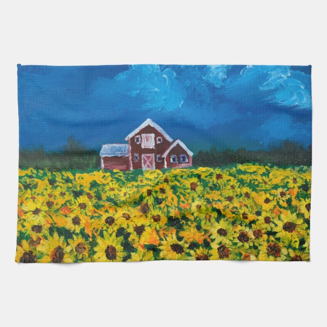western country red barn summer sunflower field kitchen towel (Horizontal)