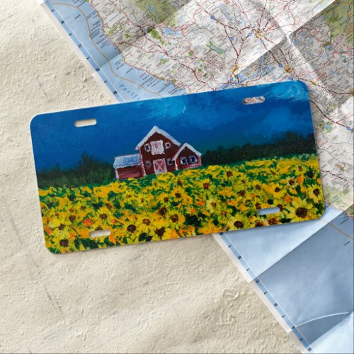 western country red barn summer sunflower field license plate