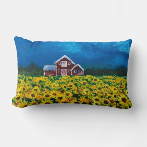 western country red barn summer sunflower field lumbar pillow