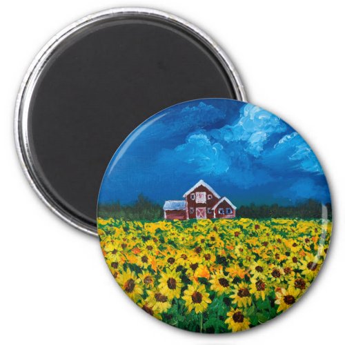 western country red barn summer sunflower field magnet