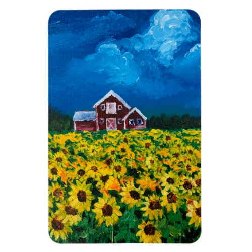 western country red barn summer sunflower field magnet