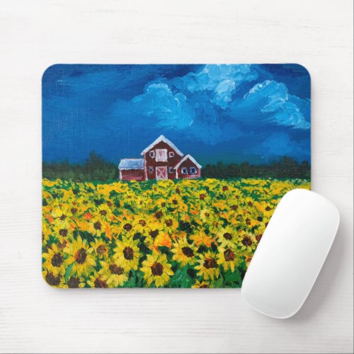 western country red barn summer sunflower field mouse pad