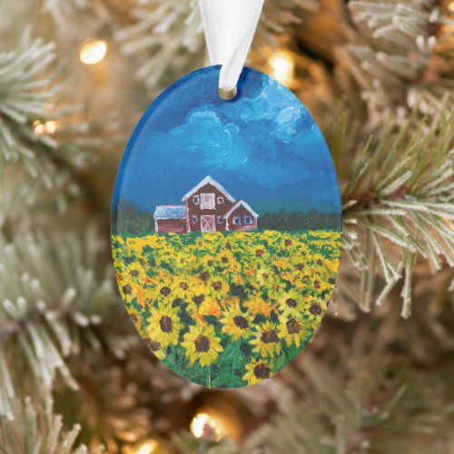 western country red barn summer sunflower field ornament