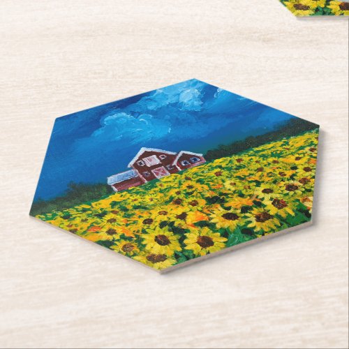 western country red barn summer sunflower field paper coaster