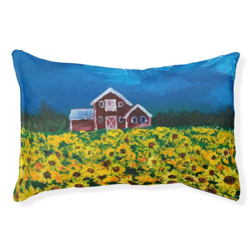 western country red barn summer sunflower field pet bed