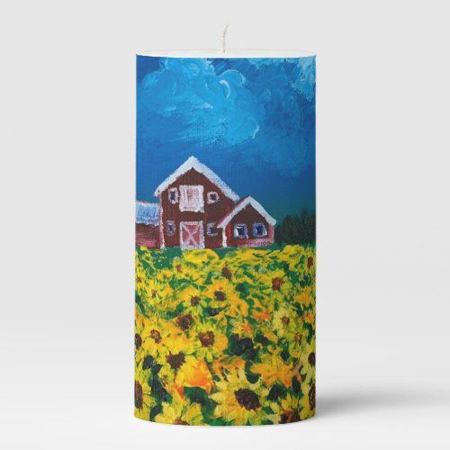 western country red barn summer sunflower field pillar candle