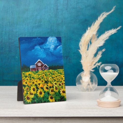 western country red barn summer sunflower field plaque