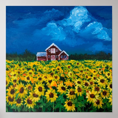 western country red barn summer sunflower field poster