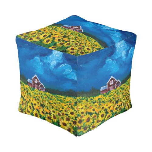 western country red barn summer sunflower field pouf