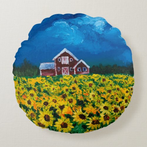 western country red barn summer sunflower field round pillow