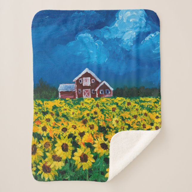 western country red barn summer sunflower field sherpa blanket (Front)
