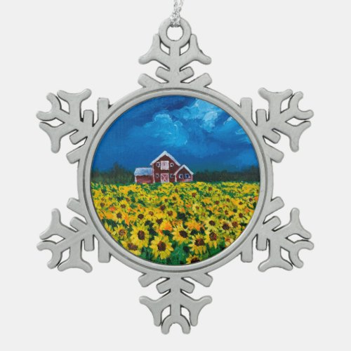 western country red barn summer sunflower field snowflake pewter christmas ornament