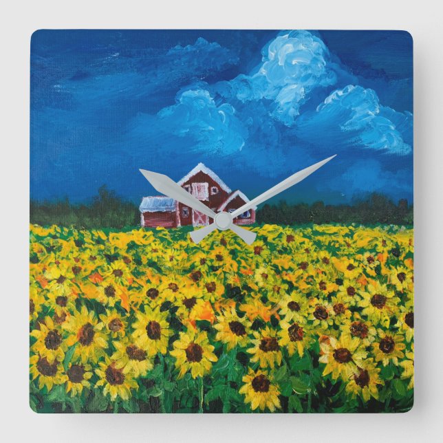 western country red barn summer sunflower field square wall clock (Front)