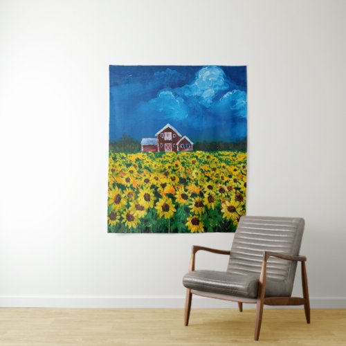 western country red barn summer sunflower field tapestry