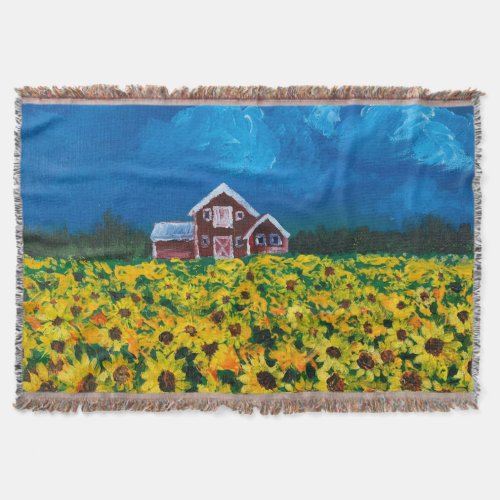 western country red barn summer sunflower field throw blanket