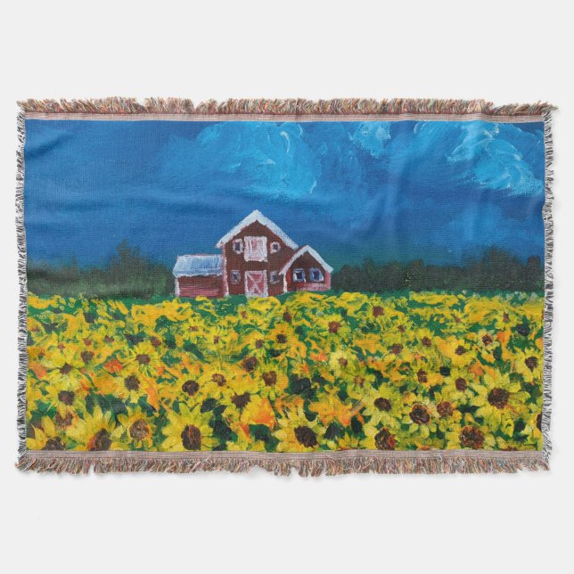 western country red barn summer sunflower field throw blanket (Front)