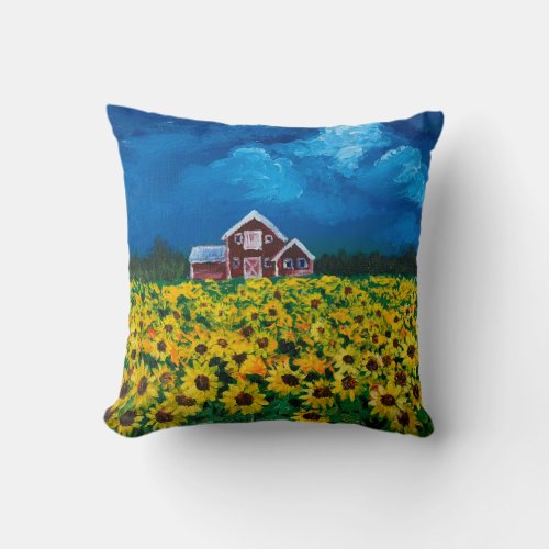 western country red barn summer sunflower field throw pillow