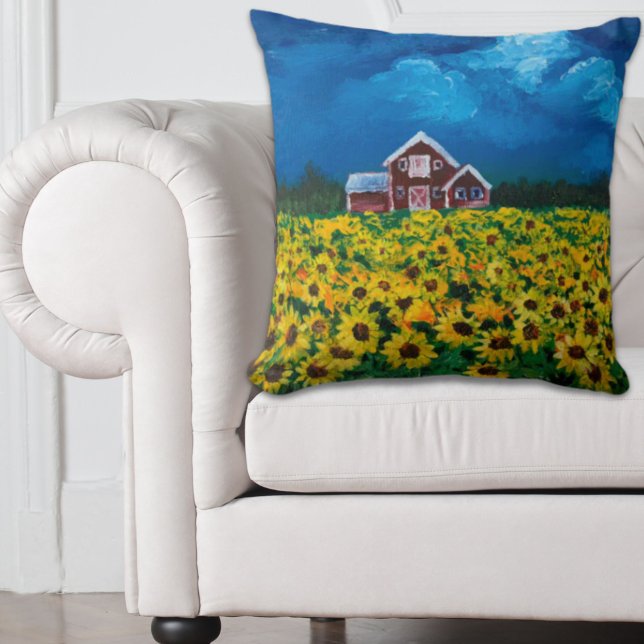 western country red barn summer sunflower field throw pillow (western country red barn summer sunflower field throw pillow)