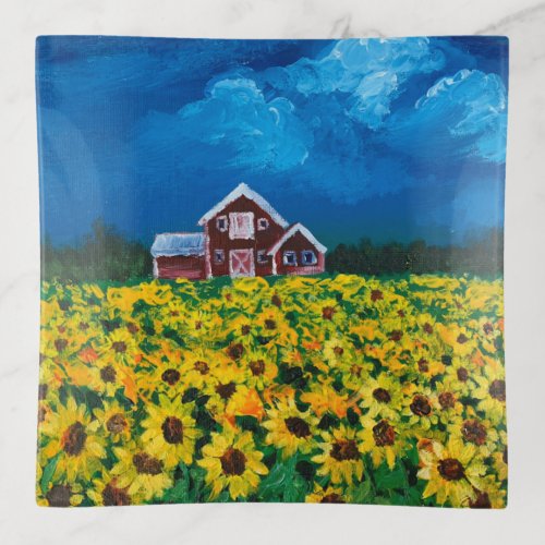 western country red barn summer sunflower field trinket tray