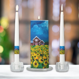 western country red barn summer sunflower field unity candle set