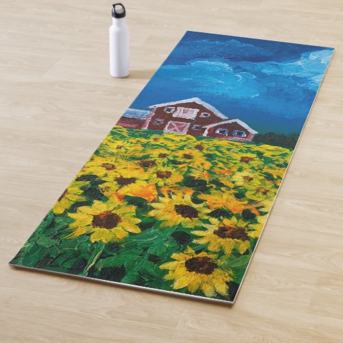 western country red barn summer sunflower field yoga mat