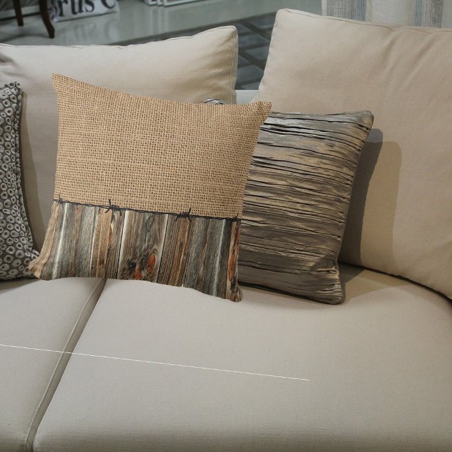 Western Country Rusti Burlap Barn Wood Barbed Wire Throw Pillow (Creator Uploaded)