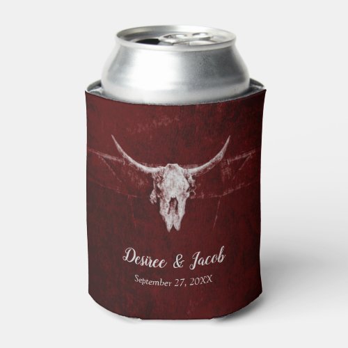 Western Country Rustic Bull Skull Burgundy Texture Can Cooler