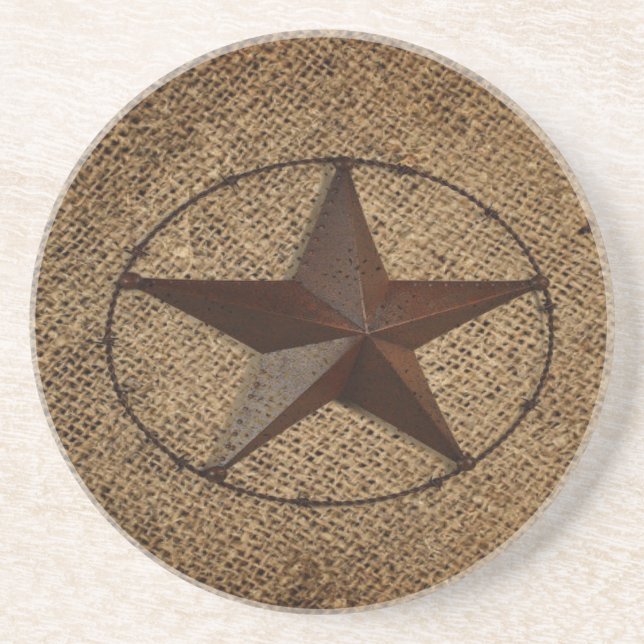 Western Country Rustic Burlap Primitive Texas Star Sandstone Coaster (Front)