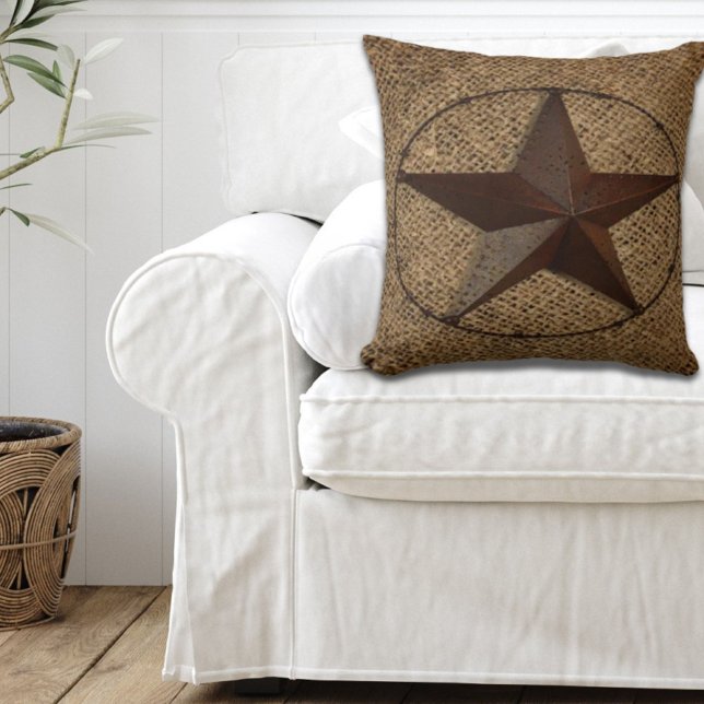 Western Country Rustic Burlap Primitive Texas Star Throw Pillow (Western Country Rustic Burlap Primitive Texas Star Throw Pillow)