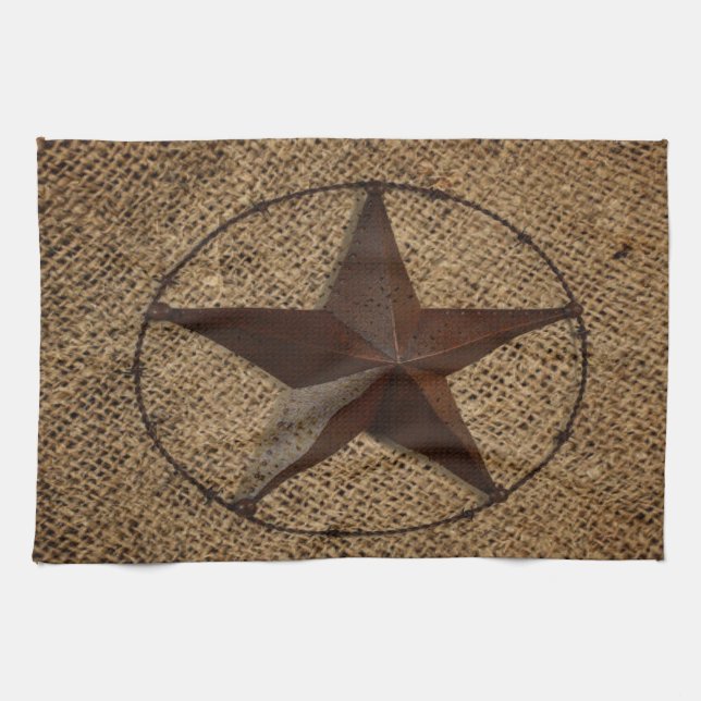Western Country Rustic Burlap Primitive Texas Star Towel (Horizontal)