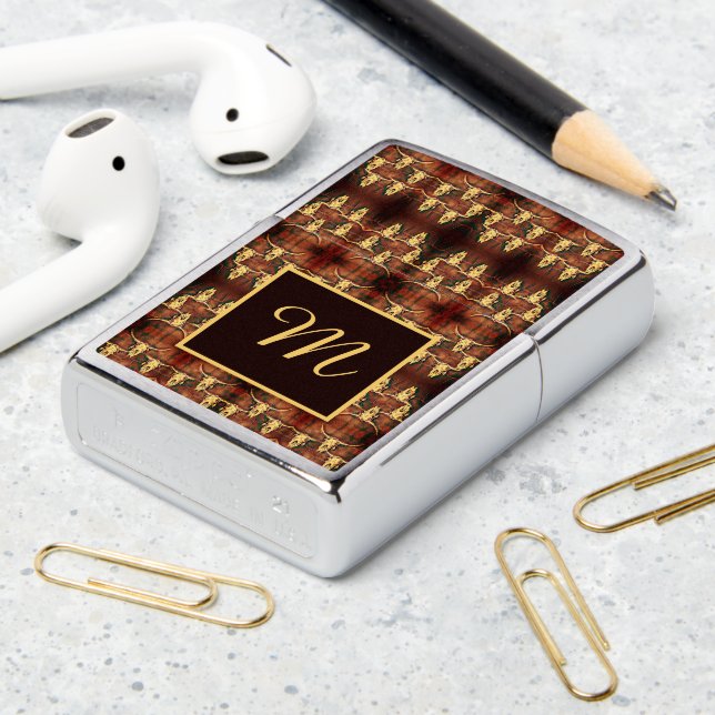 Western Country Rustic Monogram Bull Skull Zippo Lighter (On Table 2)