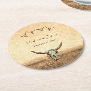 Western Country Rustic Wedding Cow Bull Skull Round Paper Coaster