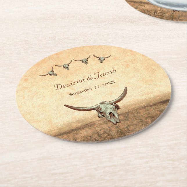 Western Country Rustic Wedding Cow Bull Skull Round Paper Coaster (Angled)