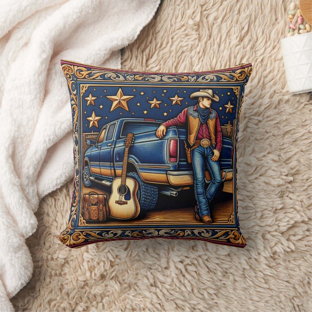 Western Country Singer Guitar and Truck Blue Throw Pillow (Blanket)