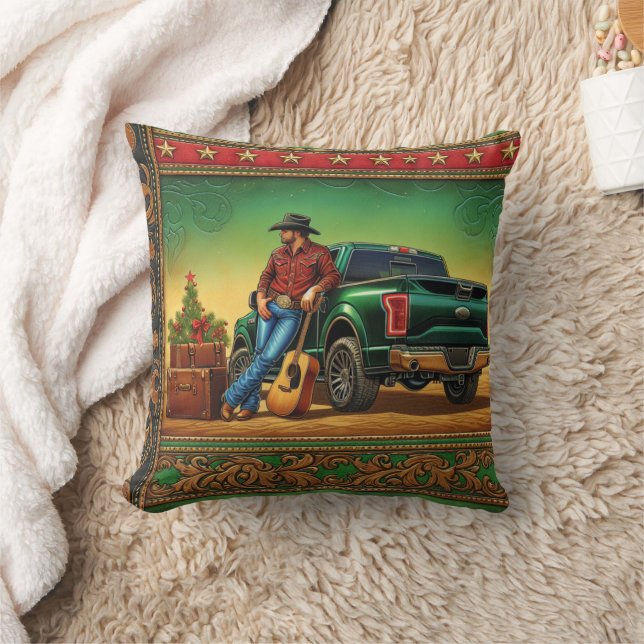 Western Country Singer Guitar and Truck Christmas Throw Pillow (Blanket)