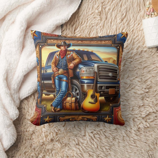 Western Country Singer Guitar Truck Leather Print Throw Pillow (Blanket)