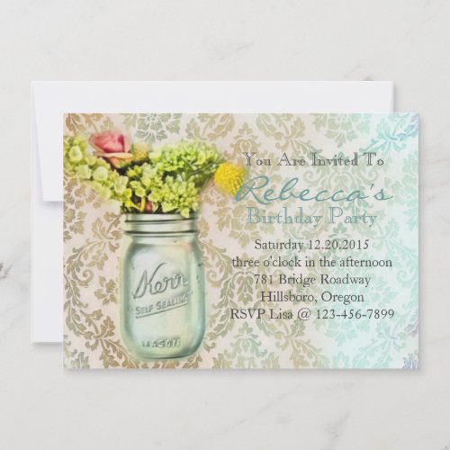 damask mason jar floral vintage birthday party custom invites