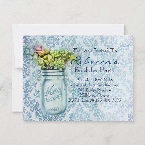 damask mason jar floral vintage birthday party custom invitations