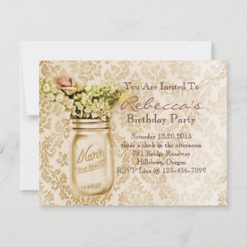 damask mason jar floral vintage birthday party custom invitation
