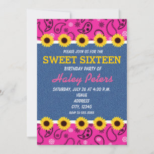 Western Country Sunflowers and Denim Pink Bandanna Invitation