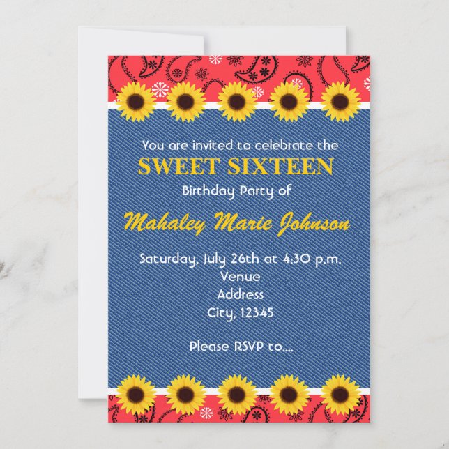 Western Country Sunflowers Denim Bandana Party Invitation (Front)