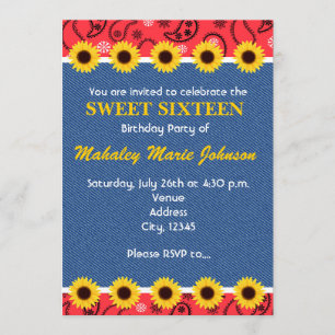 Western Country Sunflowers Denim Bandana Party Invitation