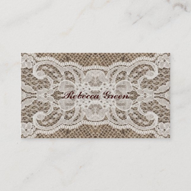 western country tan burlap and lace wedding business card (Front)